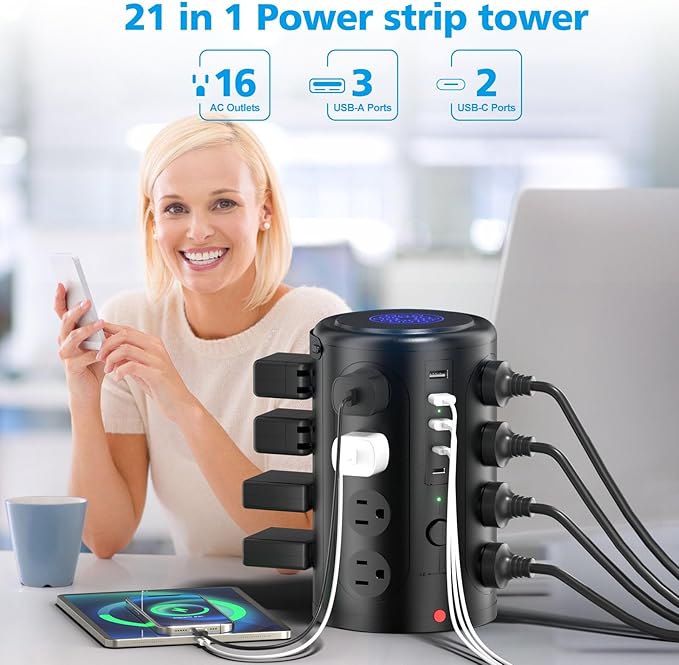 Tower Power Strip, 20FT Extension Cord with Multiple Outlets, 16 AC Outlets & 5 USB (2 USB C) Charging Station Surge Protector for Office Home Dorm Room (Black)