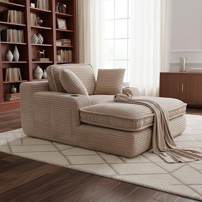 67" Oversized Chaise Lounge Chair Indoor, Soft Boneless Cloud Couch with 3 Pillows, 4 Side Pockets and 2 Cup Holders, Comfy Corduroy Sleeper Couch for Living Room Bedroom, Camel