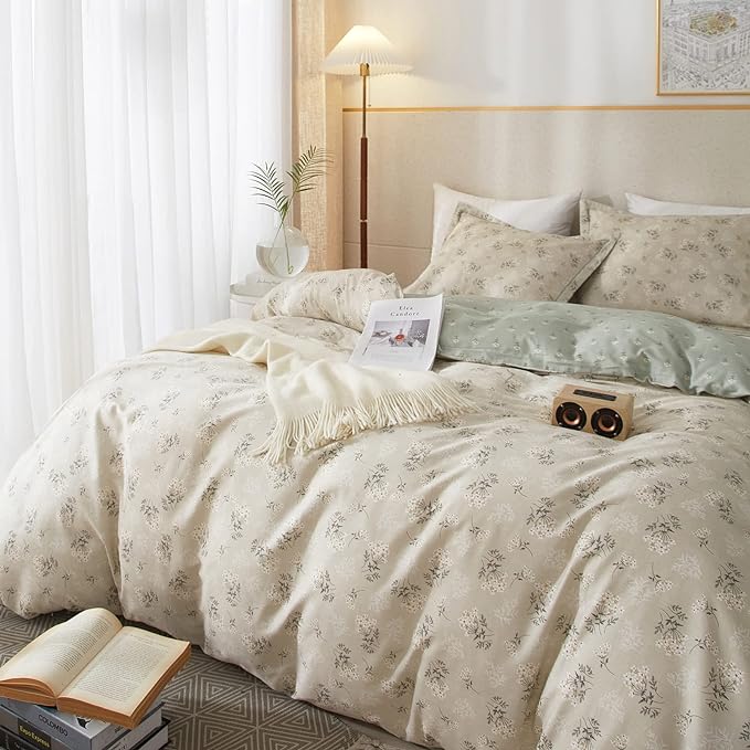 mixinni Boho Chic Printing Beige Duvet Cover Set Twin XL Vintage Green Floral Soft Cotton Bedding Comforter Cover with 1 Flower Duvet Cover 2 Pillowcases Perfect for Girls-(3pcs, Twin XL)