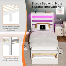 VINGLI Solid Wood Twin Bed Frame with LED Lights & USB Charging Station,Kids Platform Bed with Storage Headboard Shelf, Underbed Storage Drawer,White