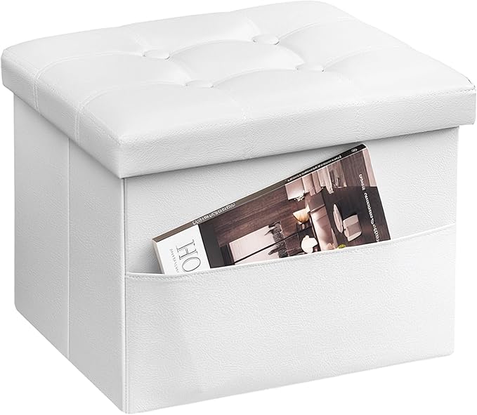 AmasSmile White Storage Ottoman Folding Foot Rest Stool with Side Pocket, 16 inch Leather Footstool Bench, Short Ottoman Bench, Storage Foot Rest Store, Books