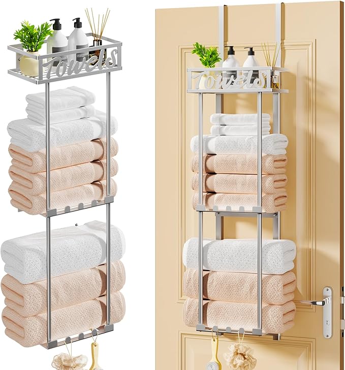 HapiRm Towel Rack Bathroom Storage - 3 Tier Over The Door & Wall Mounted Rolled Towel Racks Holder Organizer with Metal Shelf and 6 Hooks for Small Bathroom, Camper, Rv - Sliver