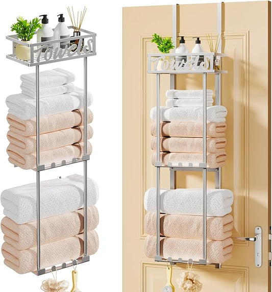 HapiRm Towel Rack Bathroom Storage - 3 Tier Over The Door & Wall Mounted Rolled Towel Racks Holder Organizer with Metal Shelf and 6 Hooks for Small Bathroom, Camper, Rv - Sliver