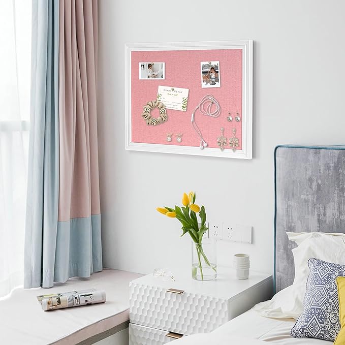 Large Pink Cork Board with Linen, 36" x 24" Hanging Wood Framed Bulletin Board, Picture Display Vision Board Corkboards for Wall Room School Office Decor, 10 Pushpins, 1 Pack