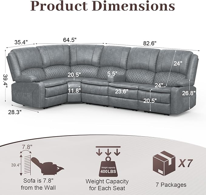 Manual Reclining Sectional Sofa Set, 5 Seats 1+1+3 Leather Reclining Corner Sectional Couch, Family-Sized L-Shaped Recliner Couch with USB Charging, Thickened Padding, Sturdy Frame, Grey