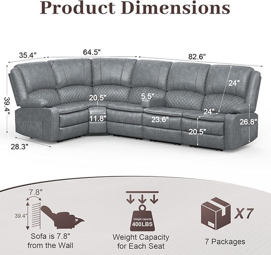 Manual Reclining Sectional Sofa Set, 5 Seats 1+1+3 Leather Reclining Corner Sectional Couch, Family-Sized L-Shaped Recliner Couch with USB Charging, Thickened Padding, Sturdy Frame, Grey