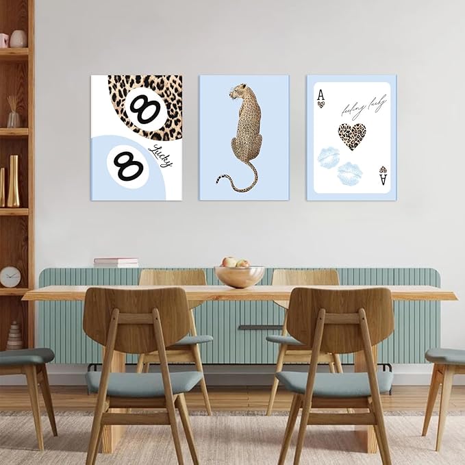 Trendy Leopard Canvas Wall Art Set of 3,Blue Cheetah Y2k Wall Decor Paintings,Funky Lucky You 8 Ball Posters Prints Pictures for Girls Room Dorm Apartment Living Room Home Decor 12x16 Inch Framed