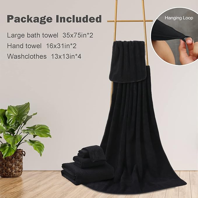 Black Bath Towels Set of 8, Bathroom Towel Quick Dry Textured,2 Oversized Shower Towels Large/2 Hand Towels/4 Washcloths,Ultra Soft Microfiber Absorbent Face Towels Bath Sheets For Bathroom Hotel Spa