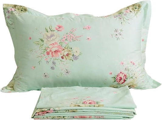 FADFAY Green Floral Bed Sheet Set Cotton Sheets 4-Piece Queen Size