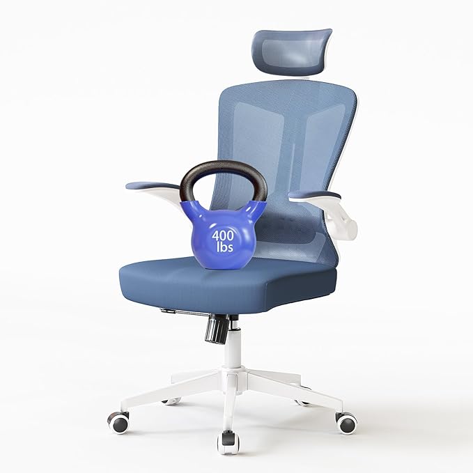Ergonomic Office Chair - 400LB Comfy Desk Chairs with Adjustable Headrest and Lumbar Back Support, Mesh Computer Chairs with Wheels and Arms for Home Office, Study (669Blue-With Headrest)