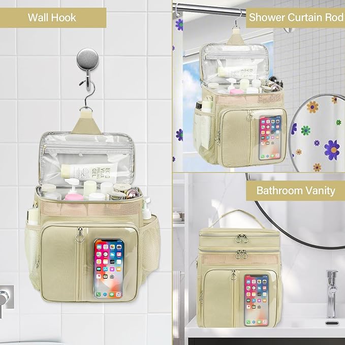 Portable Shower Caddy College, Quickly Dry Tolietry Mesh Tote Bag for Dorm Room Essentials, Hanging Bathroom Organizer Bag for Travel, Gym, Camping (Apricot)
