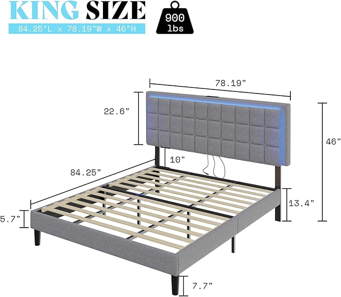 AMERLIFE King Size Button Tufted Platform Bed Frame with LED Lights, Upholstered Bed Frame with Charging Station, Wood Slat Support, Mattress Foundation, Light Grey