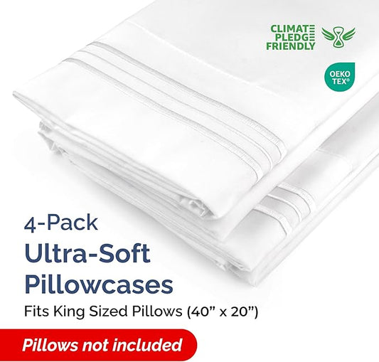 King Pillow Cases Set of 4 - Ultra Soft Hotel Quality Pillowcase Covers - Comfy, Cozy & Wrinkle Free - Shrinkage, Stain and Fade Resistant - Machine Washable Pillow Protectors - 4 Piece Set - White