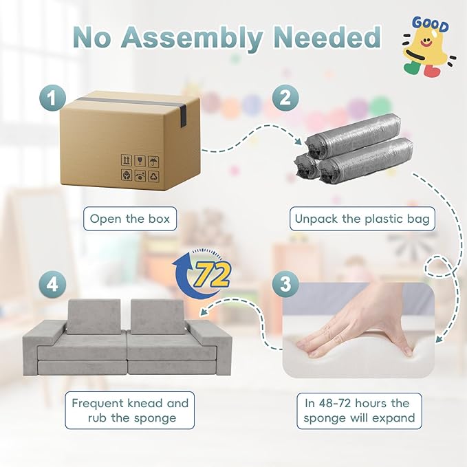 Play Couch Comfy Modular Sofa Futon Set, Convertible Folding Memory Foam Couches Versatile Floor Cushion Fort Set for Living Room Playroom Furniture (Grey)