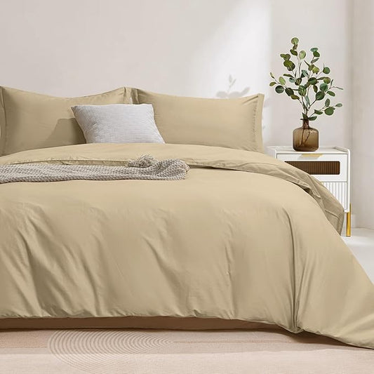 100-Percent Cotton Duvet Cover Set, Hidden Zipper Closure, Ultra Soft, Easy Care and Durable, Simple Bedding Style, Queen, Khaki (Comforter Not Included)