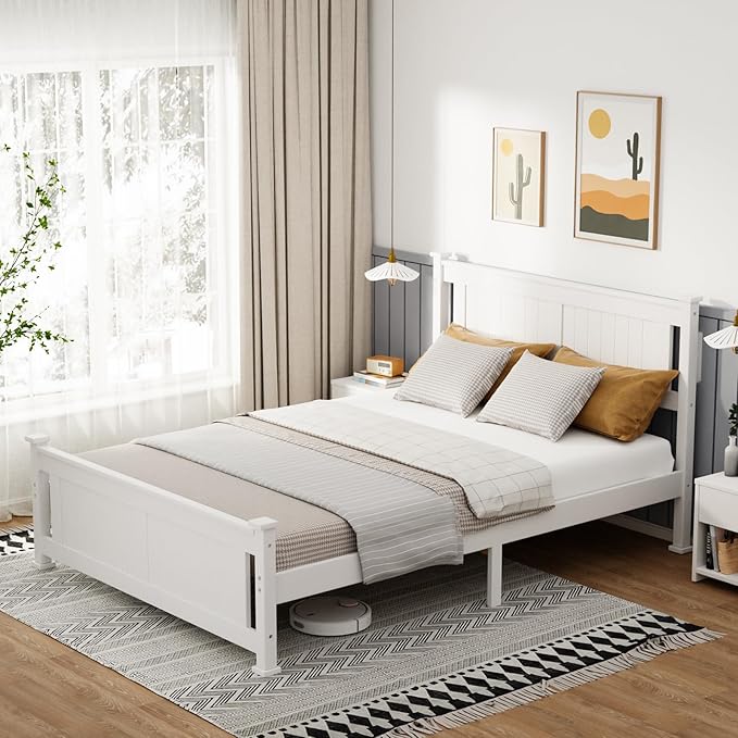 VINGLI Queen Bed Frame with Headboard Wood Platform Panel Bed,Heavy Duty Bed Slat No Box Spring Needed, White