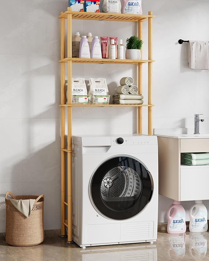 Kitsure Over The Toilet Shelf - 3-Tier Bamboo Bathroom Organizers and Storage with Paper Holder, Over Toilet Bathroom Organizer with Wall Anchor for Balcony, Laundry, Natural, 3 Tiers (63" H)