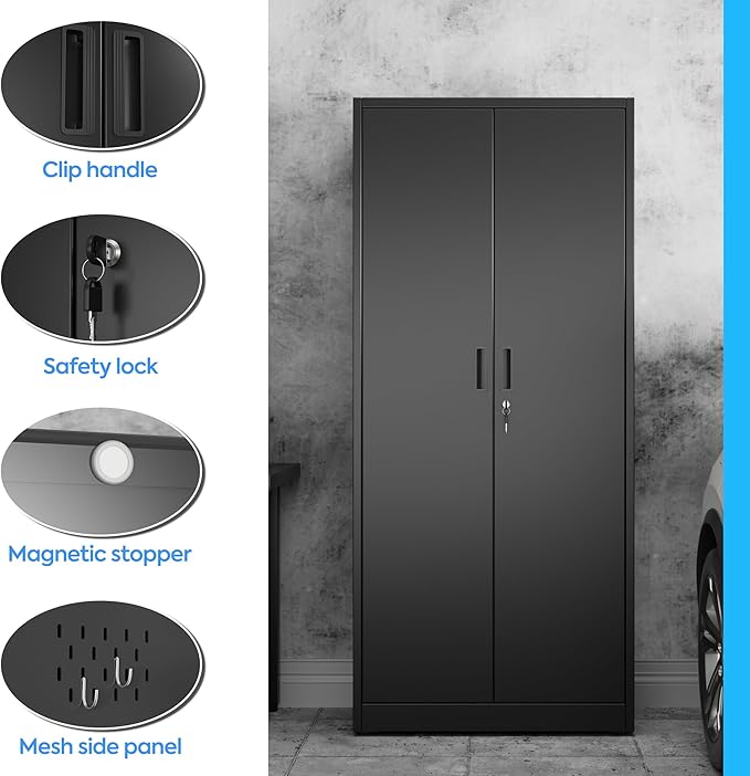 SUXXAN Broom Closet Storage Cabinet 71.4"x 31.5"x15.7", Metal Cleaning Cabinets with Hooks and Hanging Rods, Lockable Cabinet with Pegboard, Adjustable Shelf,for Garage, Laundry Room