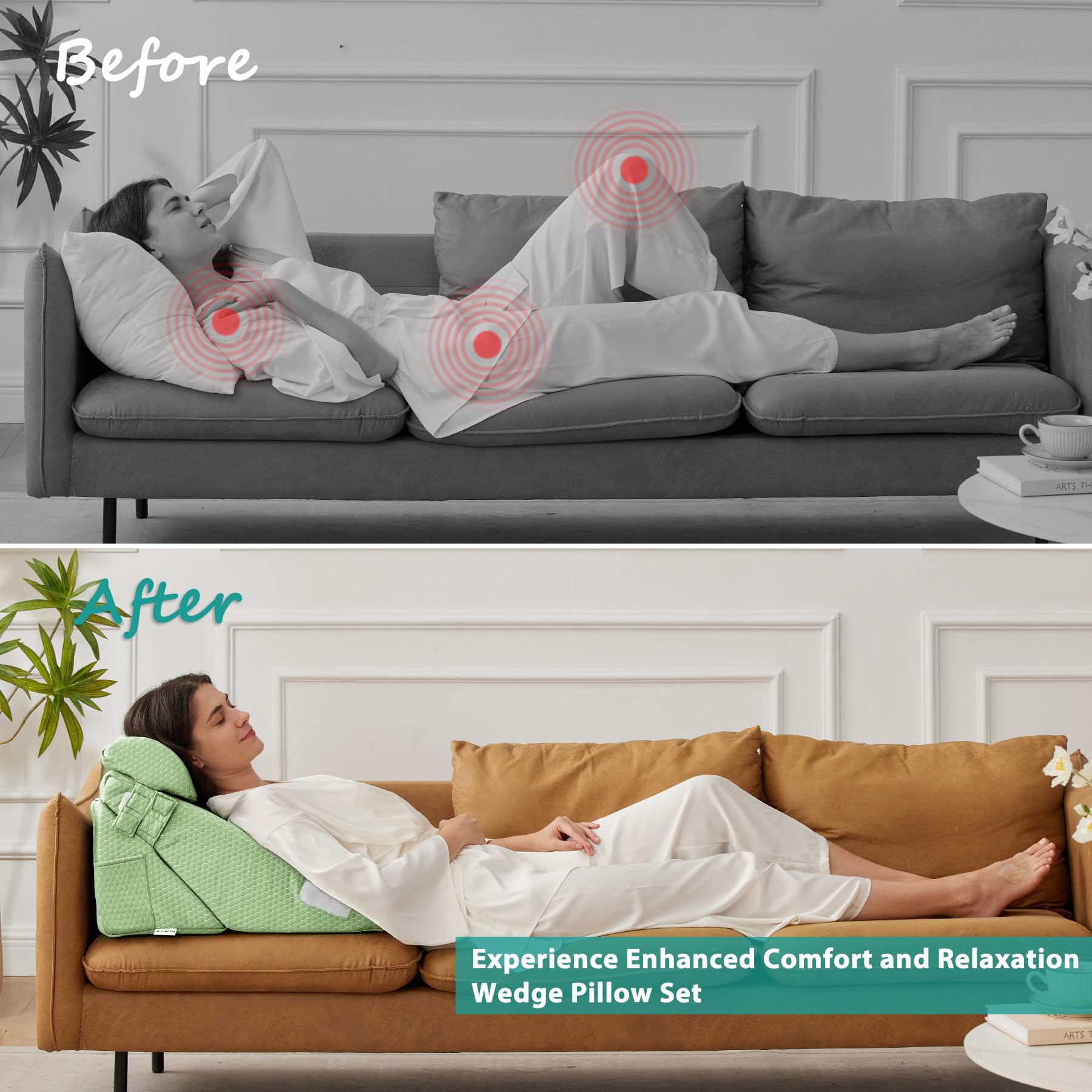 Bedluxe Wedge Pillow Headboard, 3PCS Orthopedic Bed Wedge Pillows Set for After Surgery, Adjustable Pillow Wedge for Acid Reflux&Back Pain Relief, Sleeping, Back Pillow for Bed Sitting Up, White/Grey Dormly