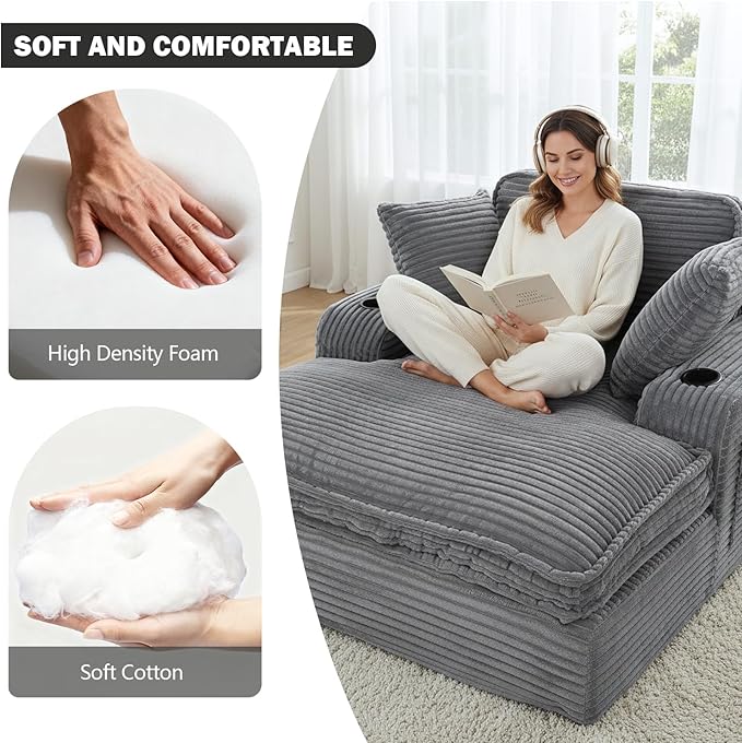 67" Oversized Chaise Lounge Chair Indoor, Soft Boneless Cloud Couch with 3 Pillows, 4 Side Pockets and 2 Cup Holders, Comfy Corduroy Sleeper Couch for Living Room Bedroom, Gray