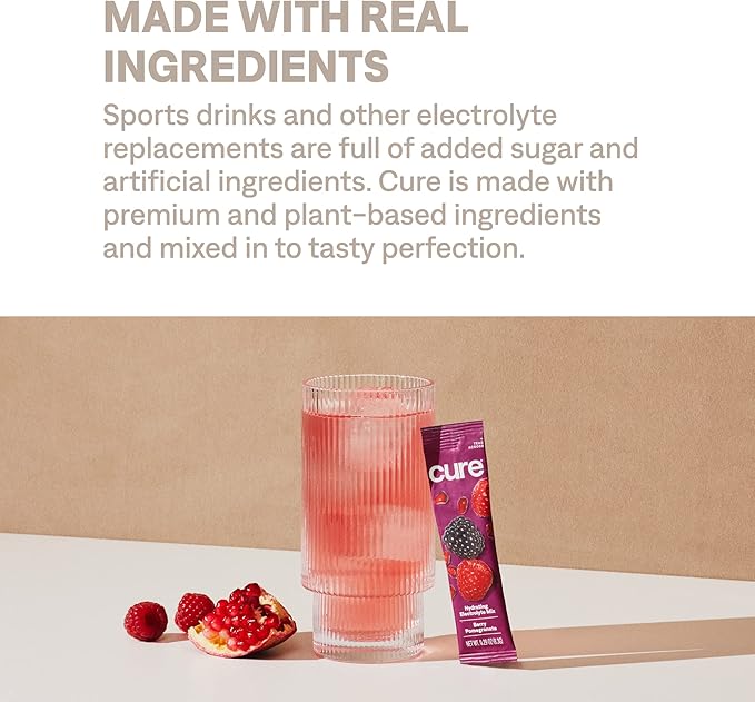 Cure Hydration | Plant-Based Electrolyte Drink Mix | No Added Sugar | FSA-HSA | Dehydration Relief Powder Made with Coconut Water | Non-GMO | Vegan | 28 Servings Jar - Berry Pomegranate