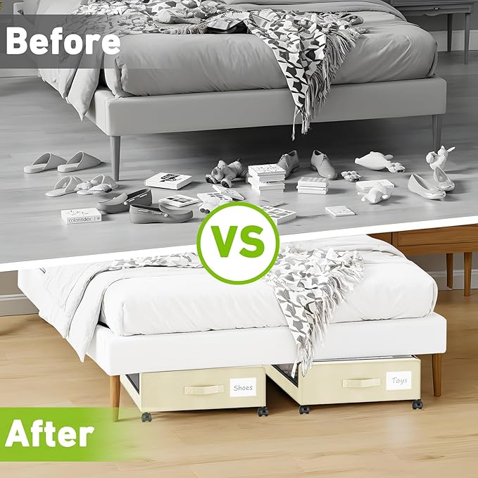 Beborxue Under Bed Storage with Wheels, 4-Pack Under Bed Storage Containers with Clear Lids, XXL 60L Under Bed Shoe Storage Organizer, Rolling Underbed Storage for Clothes, Shoes, Blankets (Beige)