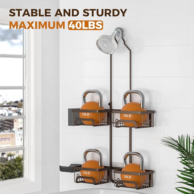 REINHARDT Shower Caddy Hanging for Handheld Showerheads Adjustable Split Shower Caddy, Rustproof Shower Organizer with Hooks for Razor Over the Head Caddy with Soap Holder Bathroom Accessories, Bronze