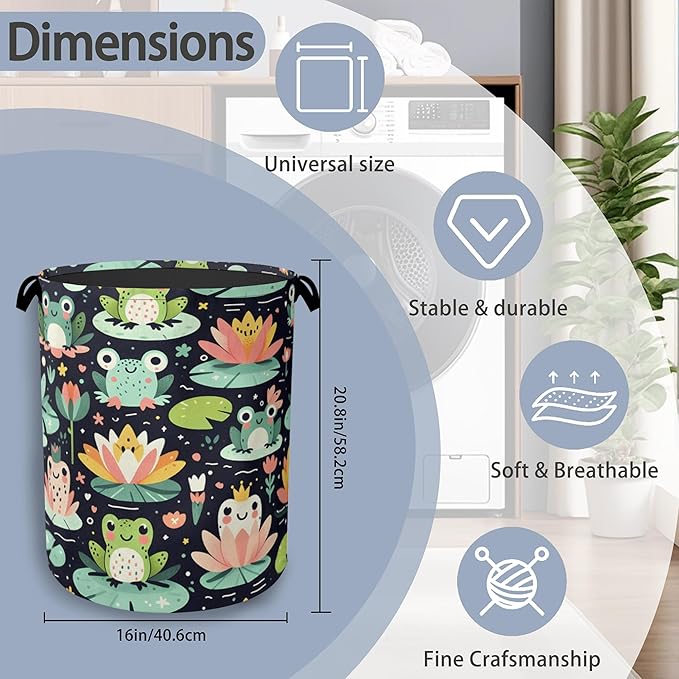 Funny Frog Laundry Basket,Foldable Oxford Cloth Tote Bag Laundry Hamper Clothes Storage Bucket Organizer for Bedroom Laundry Storage Dormitories 16" x 20.8"