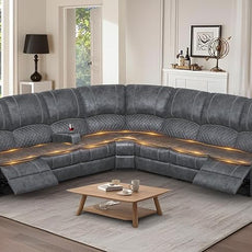 Manual Reclining Sectional Sofa Set, 7 Seats Soft Dutch Velvet Recliner Corner Sectional Couch, Family-Sized L-Shaped Recliner Couch with USB Charging, Thickened Padding, Sturdy Frame, Grey
