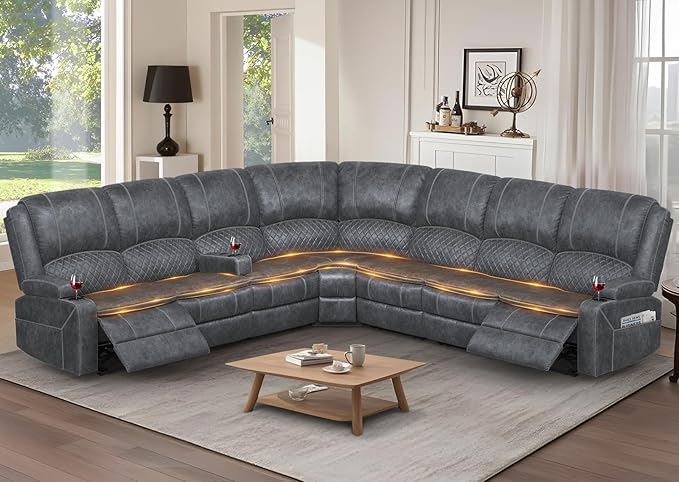 Manual Reclining Sectional Sofa Set, 7 Seats Soft Dutch Velvet Recliner Corner Sectional Couch, Family-Sized L-Shaped Recliner Couch with USB Charging, Thickened Padding, Sturdy Frame, Grey