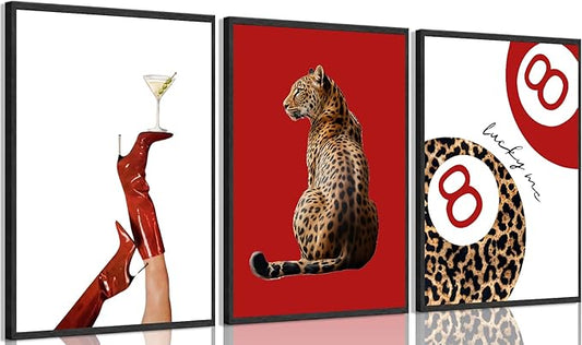 Trendy Leopard Canvas Wall Art Set of 3 Preppy Funky Red Boot Martini 8 Ball Wall Decor Pictures Feminism Aesthetic Cheetah Poster Prints for Girly Bedroom Apartment Decoration 12X16in Unframed