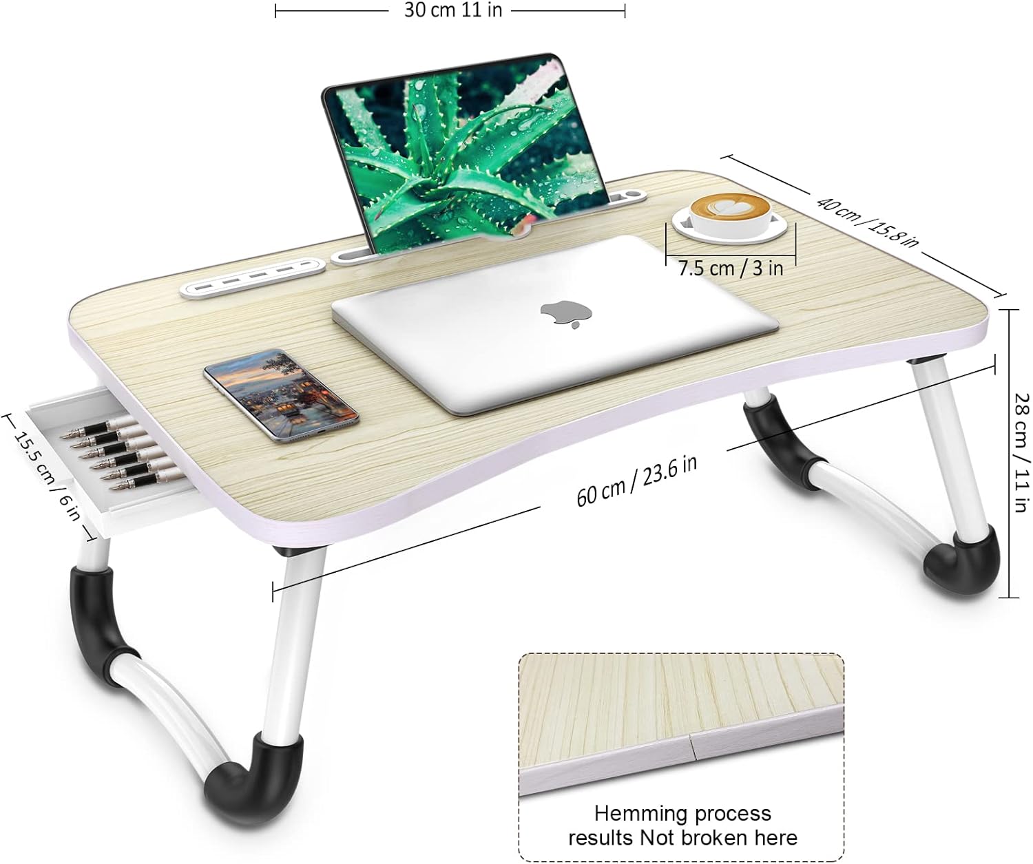 Zapuno Laptop Lap Desk, Foldable Laptop Table Tray with 4 USB Ports Storage Drawer and Cup Holder, Lap Bed Desk Notebook Stand Laptray Portable Standing Table for Bed Couch Floor