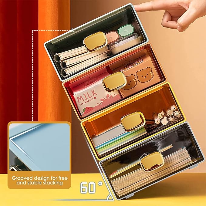 Stackable Desk Organizer with Drawer 13'' Wide Large Desktop Storage Drawer Organizer Clear Plastic Organizer Drawer for Office,Stationery,Cosmetics,Accessories (1 PACK,L-1 Drawer,Cream White)