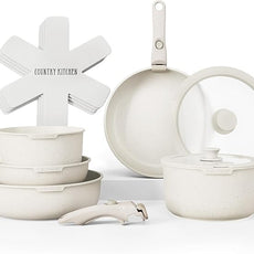 Country Kitchen Cookware Set with Removable Handle, Oven & RV Safe Pots and Pans Set, Cream, Original