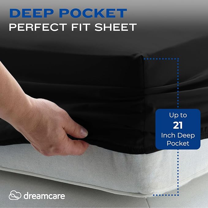 DREAMCARE Queen Sheet Set – 4 pcs Cooling Sheets – up to 21” Extra Deep Pocket Queen Sheets – Hotel Luxury Sheets & Pillowcases – Superior Softness 100% Fine Microfiber with Side Pocket – Black DREAMCARE