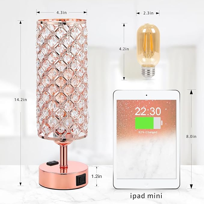 Hong-in Crystal Table Lamp, Rose Gold Bedroom Lamp with USB C+A Ports & AC Outlet, 3 Way Dimmable Light with Crystal Lampshade, Bedside Lamp Touch Light for Living Room, Charge Phone (Bulb Included)