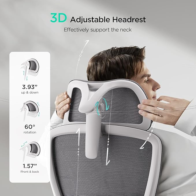 Hbada E2 Ergonomic Office Chair, Big and Tall Mesh Office Chair with 6-Way Dynamic Lumbar Support, 3D Adjustable Armrests, 3D Adjustable Headrest, High Back for Gaming Chair, White(No Footrest)