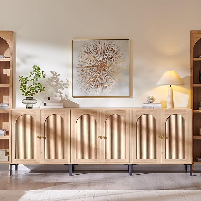 Bathroom Cabinet with Storage, 92.63" W Fluted Arched Free Standing Floor Cabinet w/Adjustable Shelves, Modern Sideboard Cabinet for Bathroom, Kitchen, Living Room, Entryway, Natural