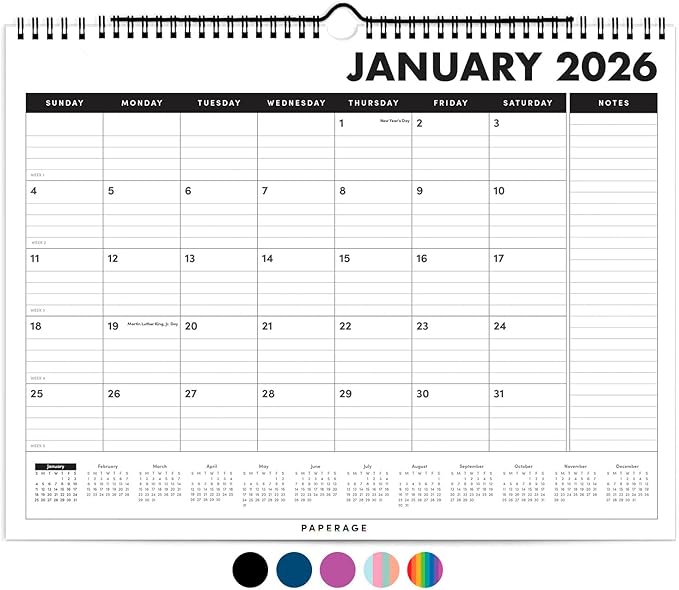 PAPERAGE 2026 Calendar, 12 Months (January 2026 - December 2026), Medium (11.5 in x 14.75 in), Minimalist Wall and Desk Calendar with Monthly Views, Yearly Plans & Notes Section – Black