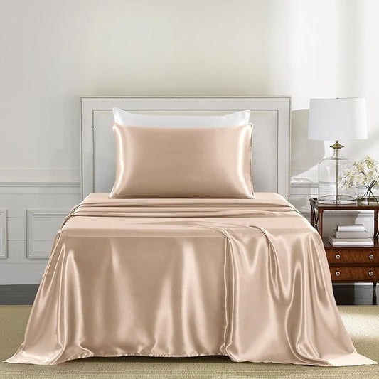 Satin Sheets Twin Size - 3 Pieces Luxury Silky Soft Bed Sheets, Wrinkle-Free Champagne Satin Silk Sheet Set with 1 Deep Pocket Fitted Sheet, 1 Flat Sheet, 1 Pillow Case