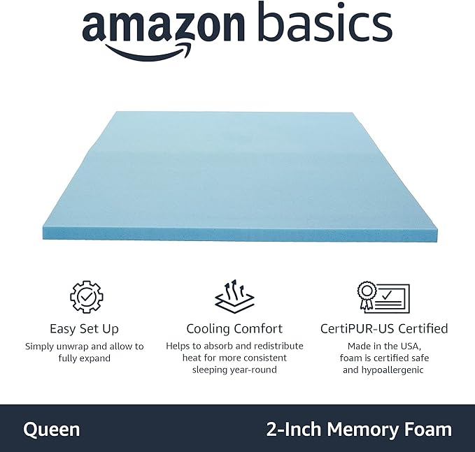 Amazon Basics Queen Mattress Topper, Cooling Gel-Infused, CertiPUR-US Certified, 2 inches, Blue