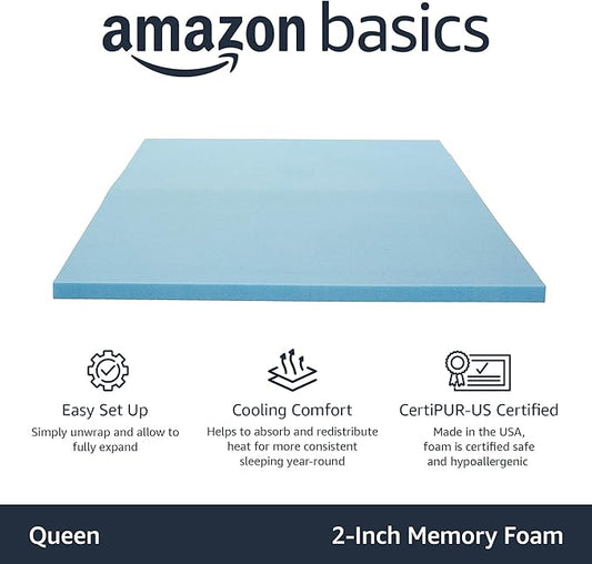 Amazon Basics Queen Mattress Topper, Cooling Gel-Infused, CertiPUR-US Certified, 2 inches, Blue