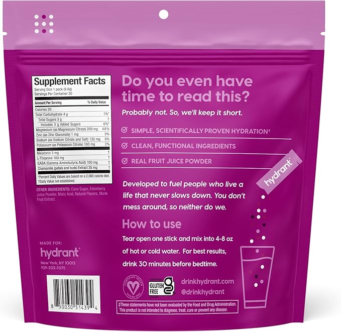 Hydrant - Sleep Electrolyte Powder, Elderberry Flavor, 30 Rapid Hydration Individual Stick Packs - Sleep Blend of Melatonin, L-Theanine, Magnesium, & Chamomile