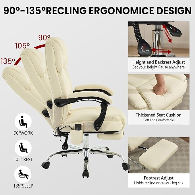 4 Points Massage Office Chair with Footrest 500lbs,Reclining Executive Desk Chair with Vibration Heat for Heavy People,Lumbar Support PU Leather,Adjustable Height Ergonomic (Beige)