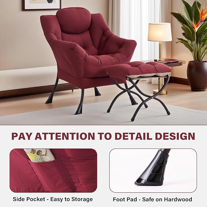 Tiita Lazy Chair with Ottoman, Modern Large Accent Lounge Armchair, Comfy Leisure Sofa Reading Chair with Footrest for Bedroom, Living Room, Dorm Rooms, Garden and Courtyard, Wine red