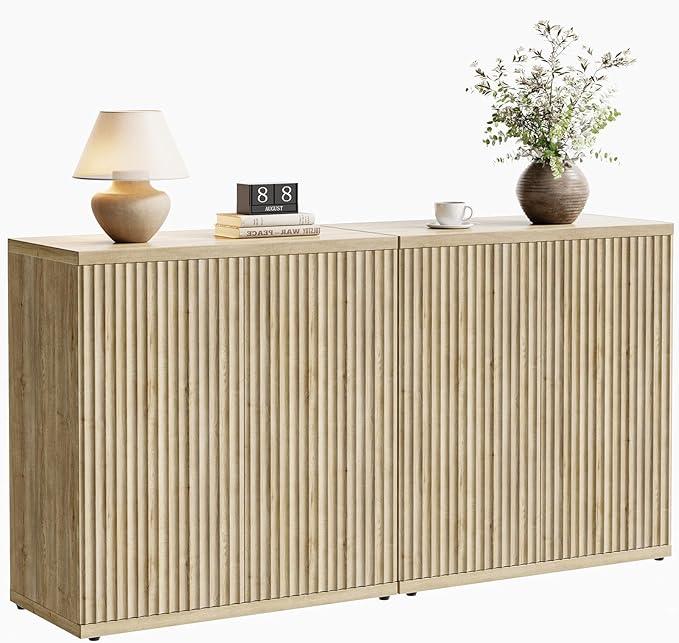 Fluted Buffet Cabinet Sideboard with Storage,Wooden Credenza with 2 Doors&Adjustable Shelve, Modern Accent Cabinets Coffee Bar Bookcase for Living Room,Kitchen Dining Room Entryway 15"D Natural Oak