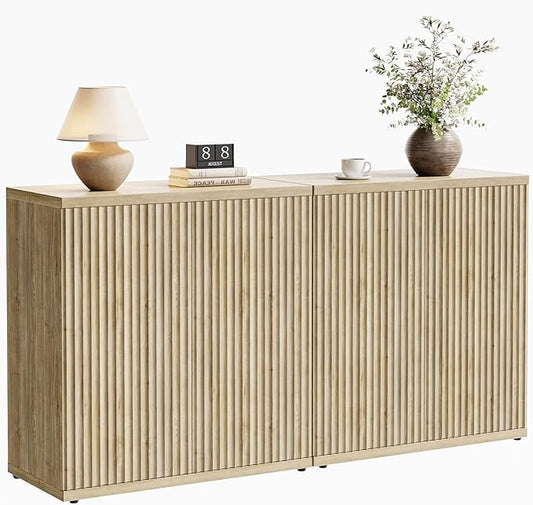 Fluted Buffet Cabinet Sideboard with Storage,Wooden Credenza with 2 Doors&Adjustable Shelve, Modern Accent Cabinets Coffee Bar Bookcase for Living Room,Kitchen Dining Room Entryway 15"D Natural Oak