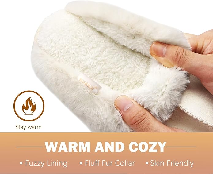 KuaiLu Womens Fluff Dual Memory Foam Slippers Ladies Cozy Arch Support Warm Scuff Slippers Slip on Comfy Winter House Shoes with Non-Slip Indoor Outdoor Hard Sole