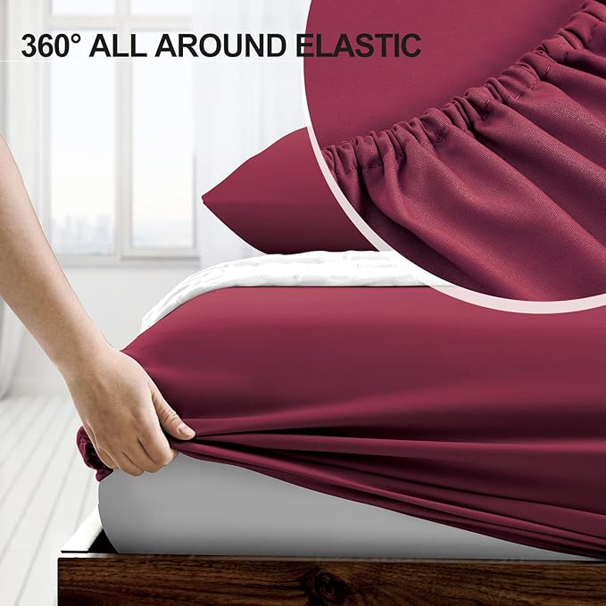 FreshCulture Twin XL Fitted Sheet Only - Hotel Quality Fitted Sheet Twin XL Size - Ultra Soft & Breathable - Brushed Microfiber - Deep Pocket - Cooling Fitted Sheets for Twin XL Size Bed (Burgundy)