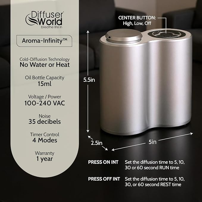 800 Sq Ft Waterless Diffuser for Essential Oils, Made in USA Aroma Infinity Silver Portable Aroma Atomizer for Room Fragrance, Home Scent Machine, Air Aromatherapy